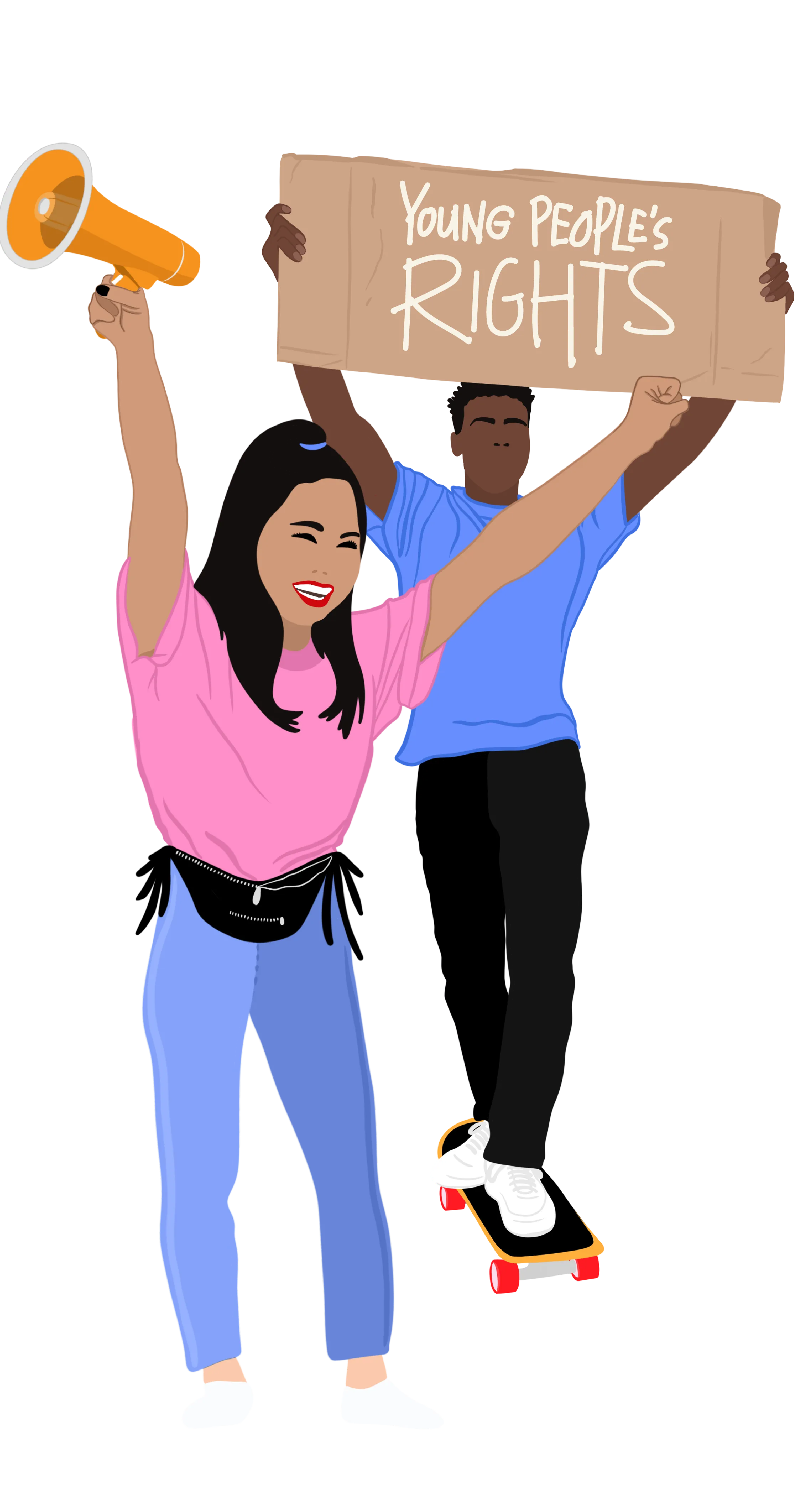 Illustration of two people cheering while holding a sign that says Young People's Rights
