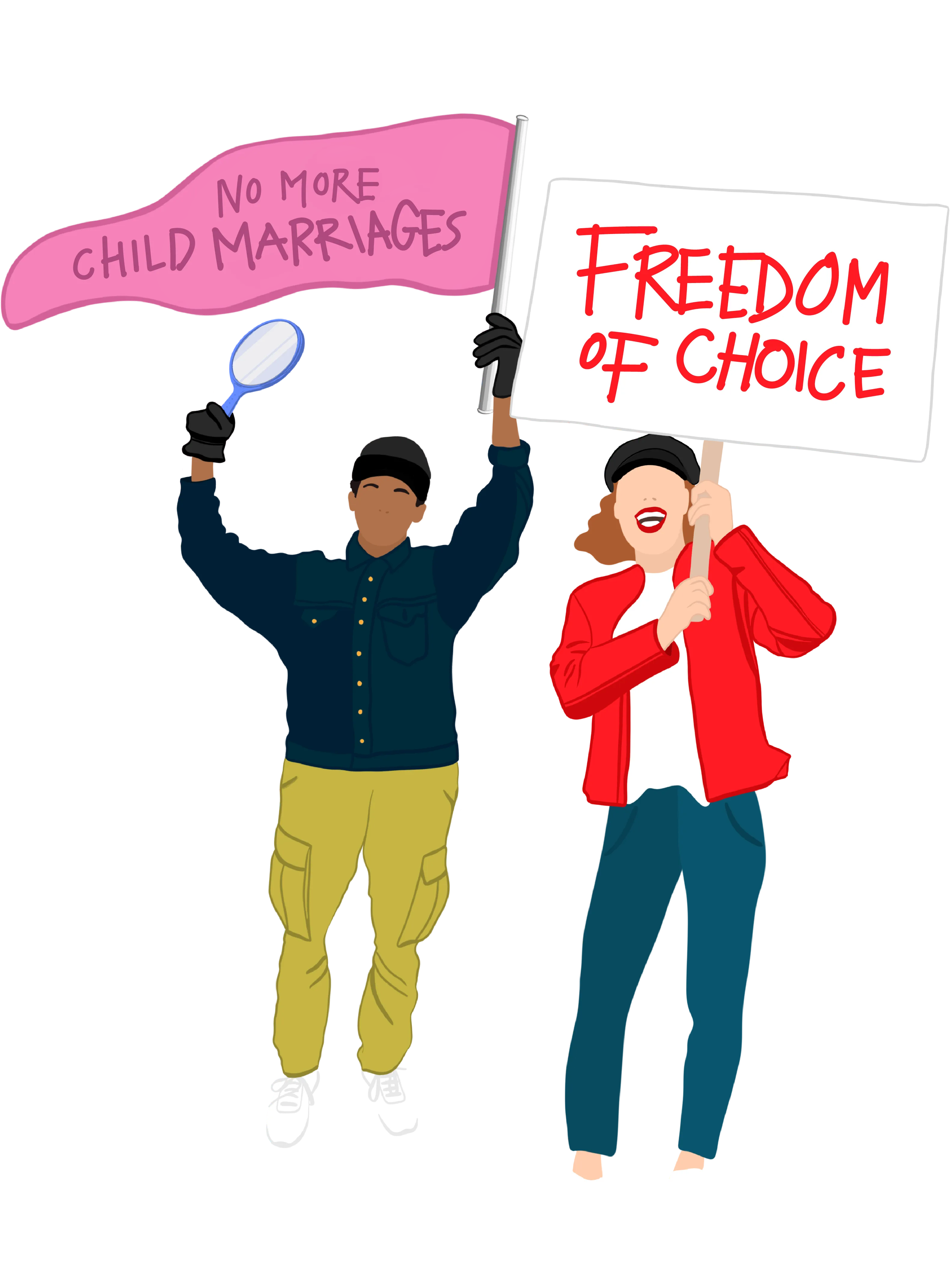 Illustration of two people cheering while holding two signs that says No more child marriages and freedom of choice