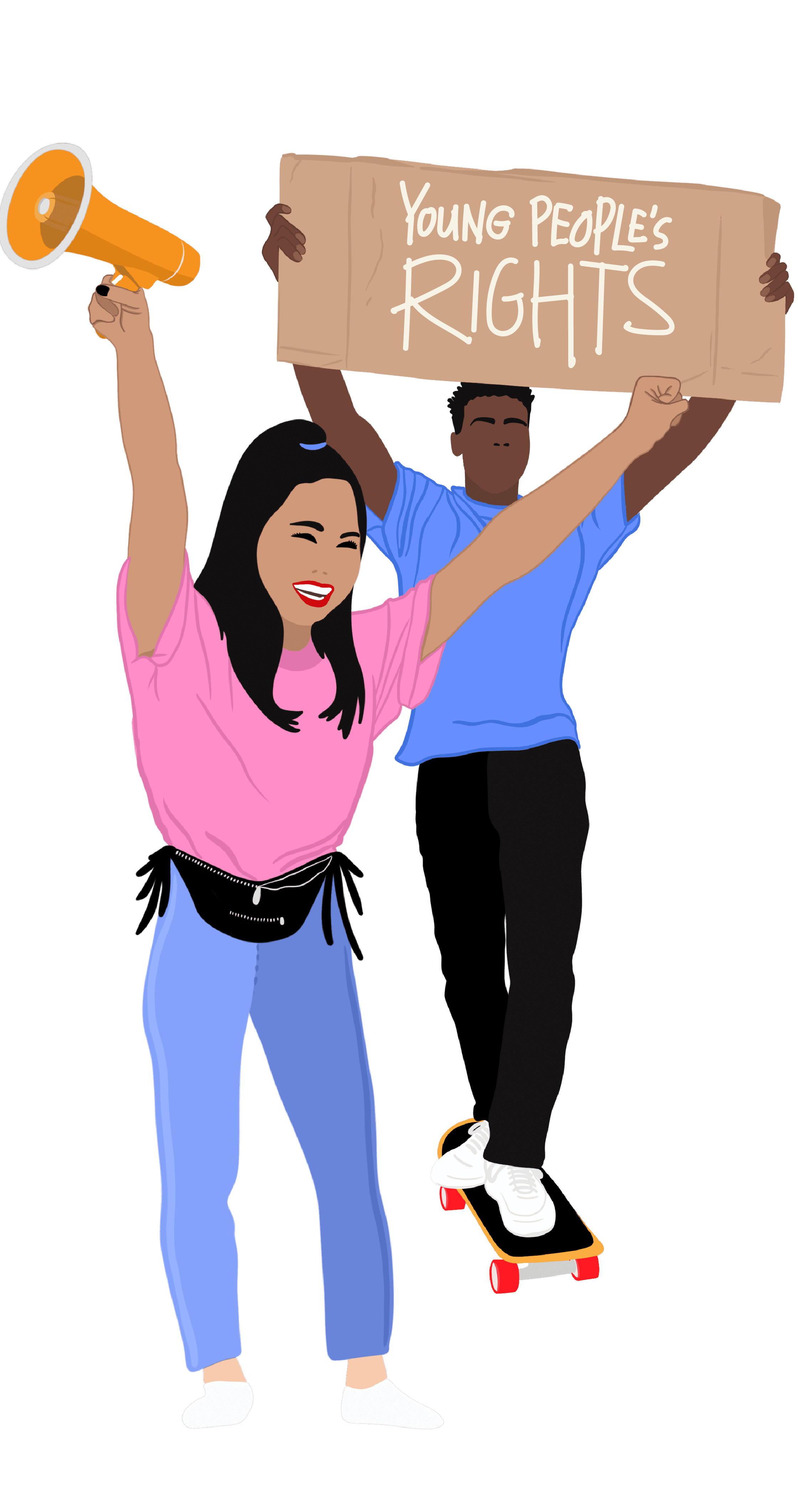Illustration of two people cheering while holding a sign that says Young People's Rights