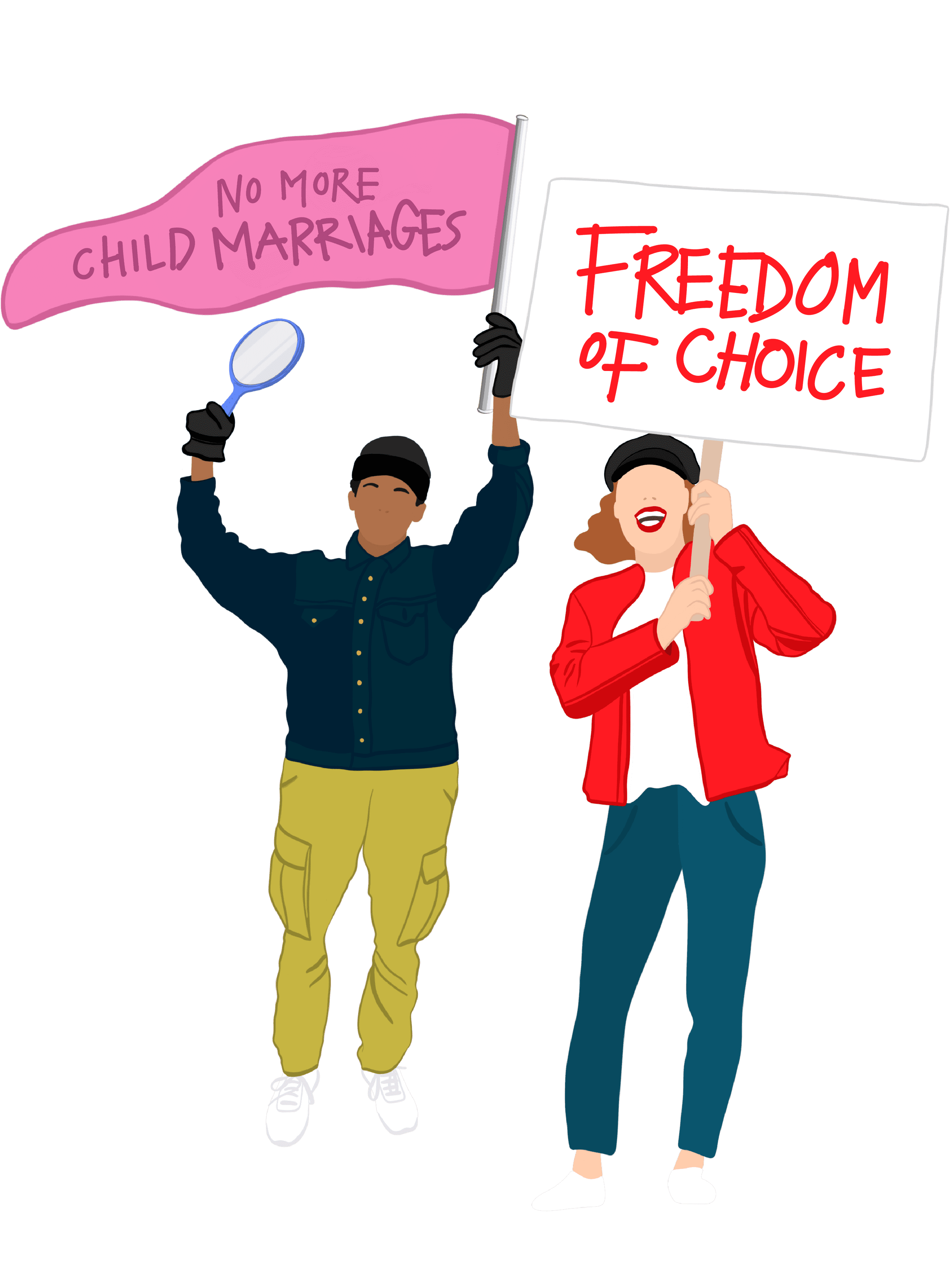 Illustration of two people cheering while holding two signs that says No more child marriages and freedom of choice